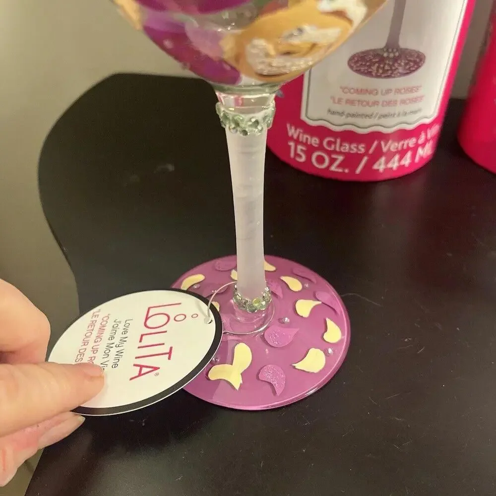 LOLITA Hand Painted Wine Glass Purple And Yellow “Coming Up Roses” - Picture 8 of 9